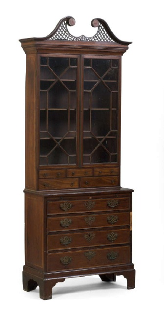 Item # 13402 
Mahogany Chippendale bookcase cabinet, with pierced crest and pull-out writing surface. Dimensions: 32"w x 14.5"d x 82"h. 

Price $4,900