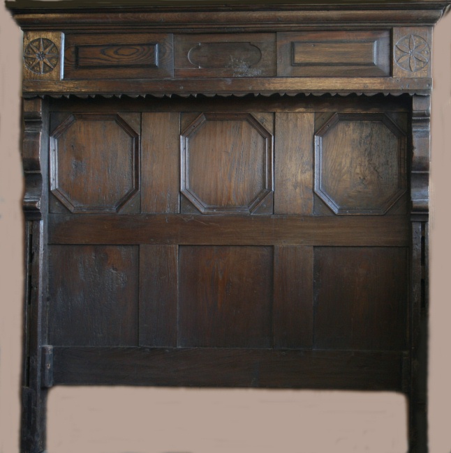 Jacobean oak bed from Mint House in Pevensey, Sussex. England, Late17th century.
65"w x 78"l x 63"h (converted to accommodate a standard double mattress)